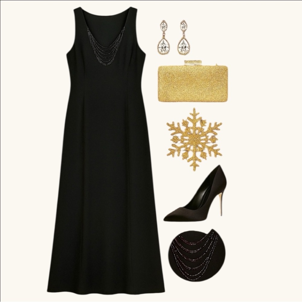 ✨ Evan-Picone Black Beaded V-Neck Evening Gown – Size 12